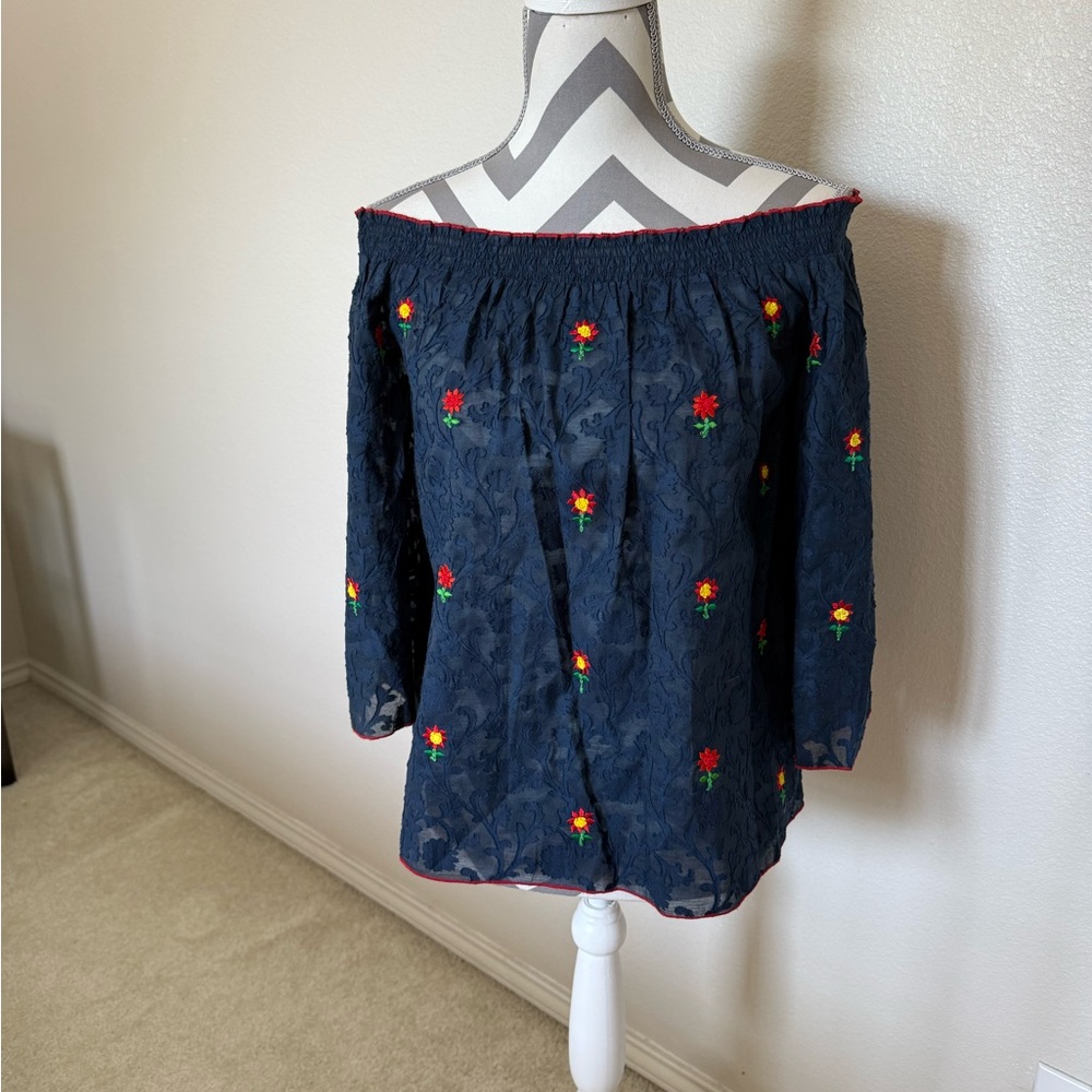 Embroidered Off-Shoulder Navy Top